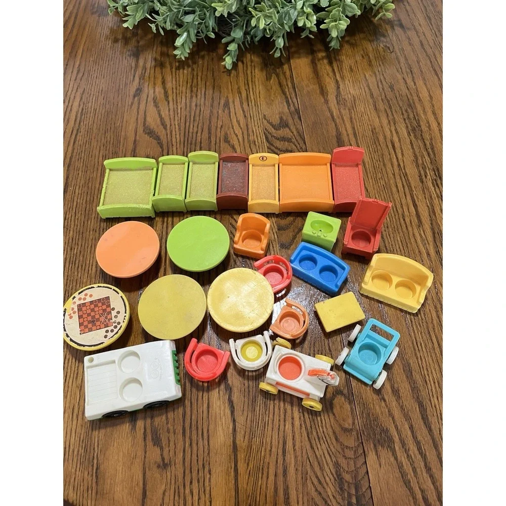 Vintage 1970's Fisher Price Little People Furniture Car Beds Tables Chairs Toys